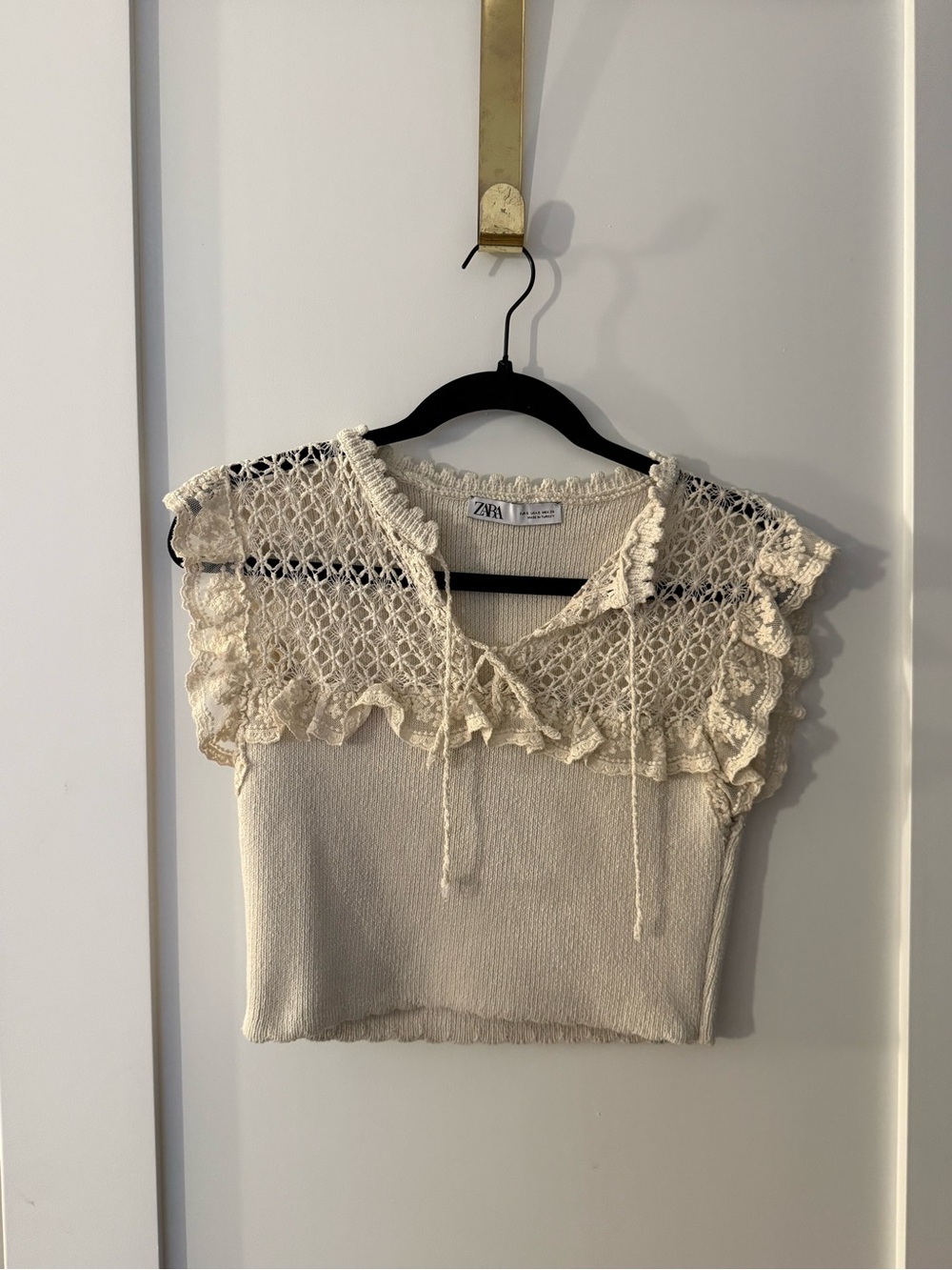 Zara Cream Crochet-Trim Tie-Front Knit Crop Top